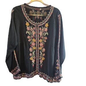 JOHNNY WAS ALVIDA BLOUSE TOP FLORAL EMBROIDERED BOHO SIZE LARGE DARK GRAY